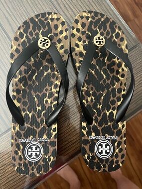 Tory Burch Leopard Print Flip Flops with Black Straps and Gold Logos